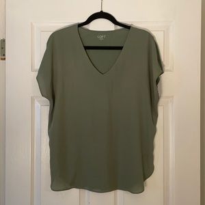 LOFT - Mixed Media Green V-Neck Top